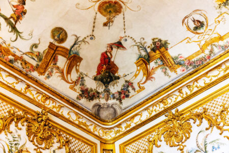 The Grande Singerie ceiling detail. This bedroom was decorated with mural paintings by Christophe Huet, depicting monkeys performing human actions, making fun of men and their foibles.